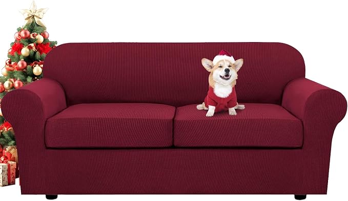 H.VERSAILTEX 3 Piece Stretch Sofa Covers for 2 Cushion Sofa Couch Covers for Living Room Furniture Cover (Base Cover Plus 2 Seat Cushion Covers) Thicker Jacquard Fabric(Large Sofa, Burgundy)