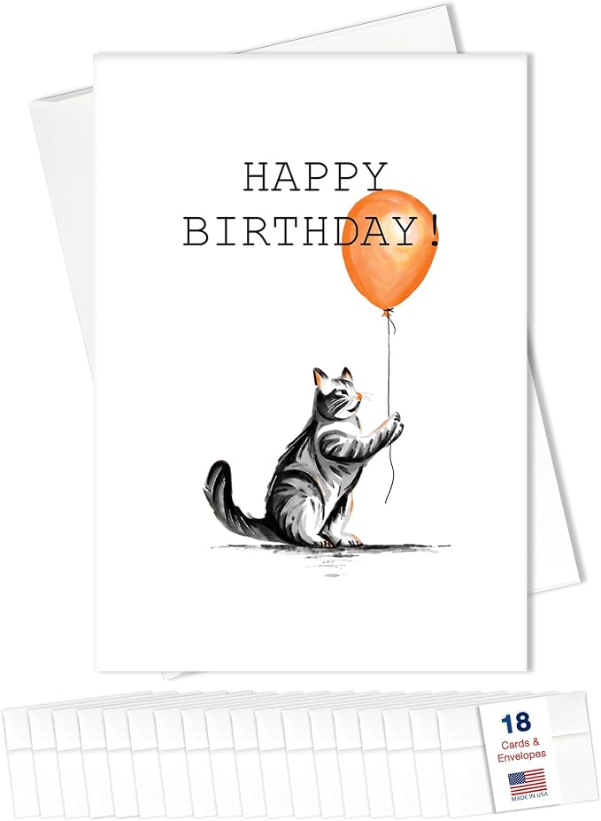 Happy Birthday Cards Bulk Greeting Card Set (Cat Lover) 18 Pack & White Envelopes - 5x7 Inch Birthday Theme for Family, Women, Men, Coworkers & Office (B2402)