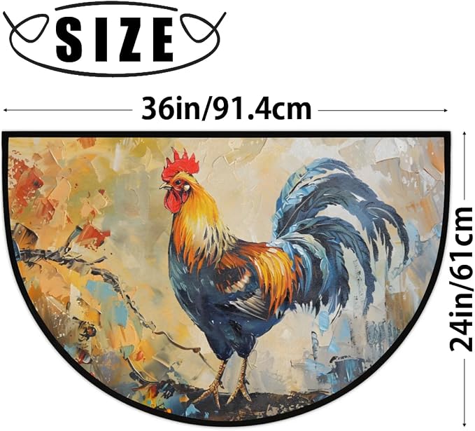 Pardick Rooster Farm Animal Anti-Slip Semi Circle Rug 24X36 Decorative Floor Mat for Kitchen Bathroom Hearth Fireplace