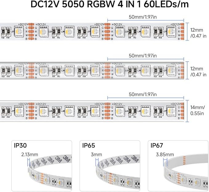 BTF-LIGHTING RGBW LED Strip Lights,UL Listed,5050 4 Colors in 1 RGB + 2700K-3000K Warm White,12V DC,16.4ft/5m 60LEDs/m 12mm White PCB, IP65 Waterproof for Home Decoration(No Adapter or Controller)