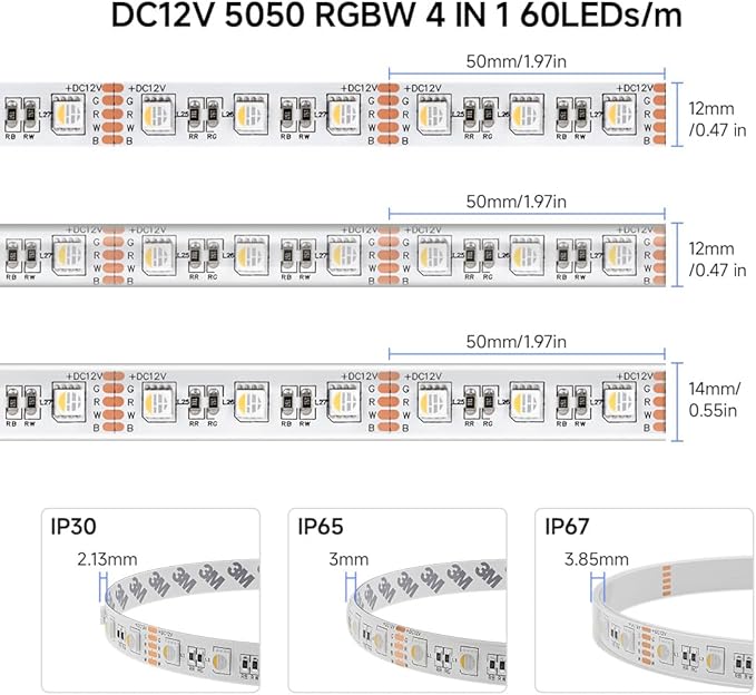BTF-LIGHTING RGBW LED Strip Lights,UL Listed,5050 4 Colors in 1 RGB + 6000K-7000K Cool White,12V DC,16.4ft/5m 60LEDs/m 12mm White PCB, IP30 for Home Decoration(No Adapter or Controller)