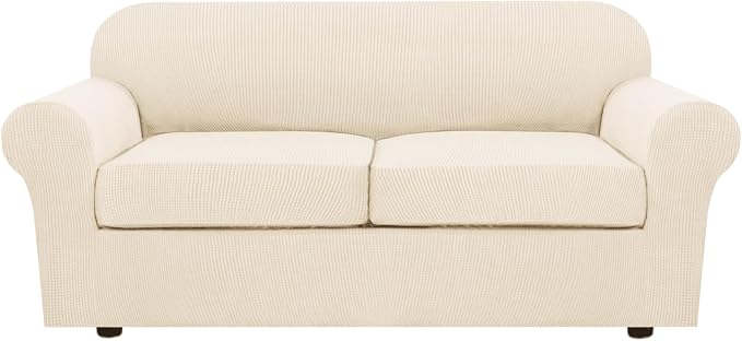 H.VERSAILTEX 3 Piece Stretch Sofa Covers for 2 Cushion Sofa Couch Covers for Living Room Furniture(Base Cover Plus 2 Seat Cushion Covers) Thicker Jacquard Fabric (Large Sofa, Cream)
