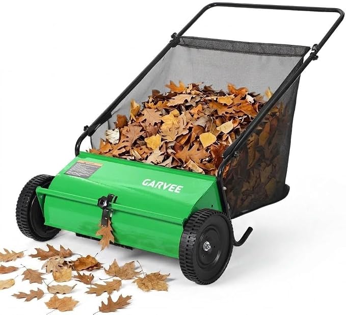 Manual Push Lawn Sweeper 26 Inch- Walk Behind Yard Sweeper for Leaves and Grass,7 Cu. ft. Large Hopper, Height Adjustable, 4 Fast Spinning Brushes