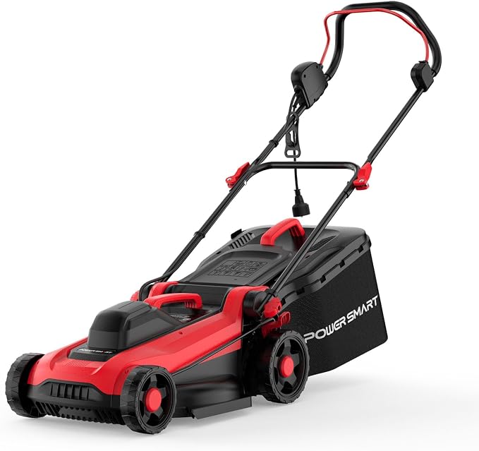 PowerSmart Corded Electric Lawn Mower, 14 Inch, 12.5 Amp, Ergonomic Design | Large Capacity Grass Catcher, Lightweight, 6-Position Height Adjustment, 2-in-1 Mulch & Bag