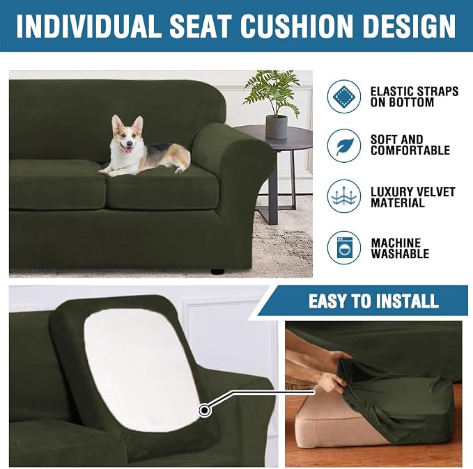 H.VERSAILTEX Modern Velvet Plush 4 Piece High Stretch Sofa Slipcover Sofa Cover Furniture Protector Form Fit Thick Velvet Sofa Cover for 3 Cushion Couch Width Up to 90 Inch (Sofa, Olive)