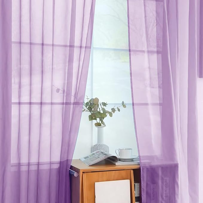 youleyar Solid Sheer Rod Pocket Curtain Voile Draperies 2 Panels White Beige Black Ivory Coffee 26 Inch Width 24 Inch Long 1 Pair for Kitchen Bedroom Children Living Room Yard(Lavender,26W x 24L)