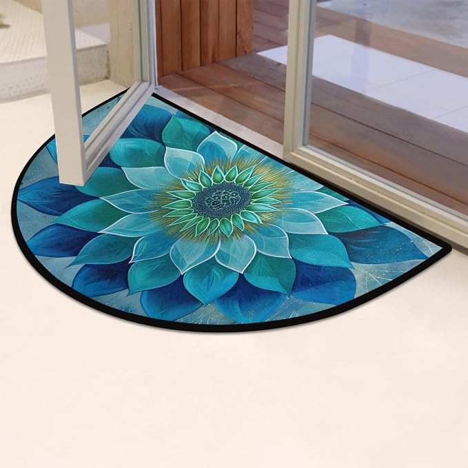 Teal Mandala Half Round Door Mat Non Slip Half Circle Rugs | Ethnic Flower Washable Half Moon Rug Semi Circle Rugs Indoor Entrance Floor Carpet for Kithen Bedroom Fireplace Decor