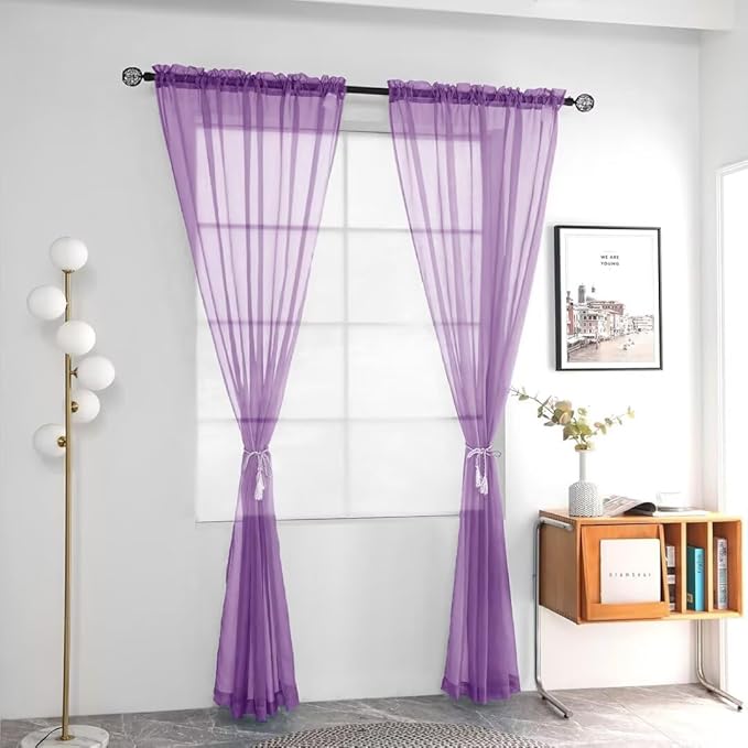 youleyar Solid Sheer Rod Pocket Curtain Voile Draperies 2 Panels White Beige Black Grey Coffee 52 Inch Width 45 Inch Long 1 Pair for Kitchen Bedroom Children Living Room Yard (Lavender,52Wｘ45L)
