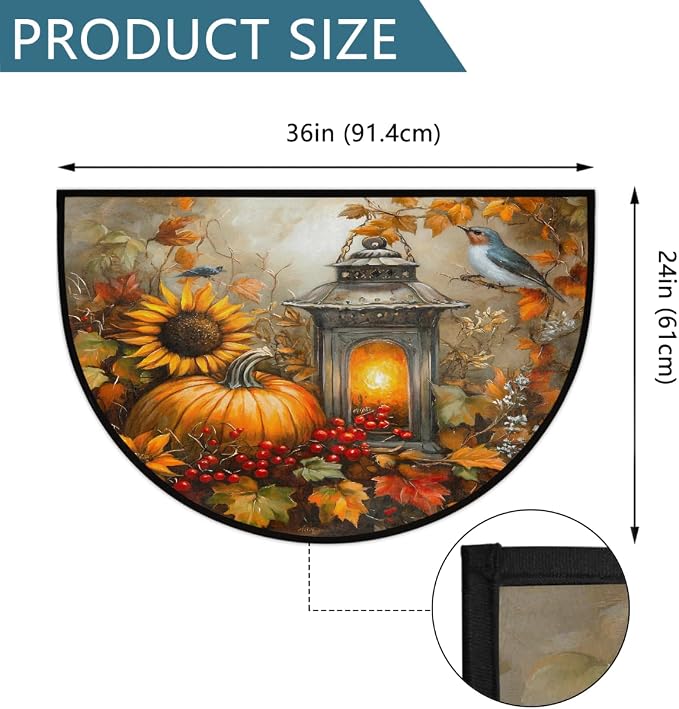 Animal Pumpkin Half Round Door Mat Non Slip Half Circle Rugs | Autumn Art Washable Half Moon Rug Semi Circle Rugs Indoor Entrance Floor Carpet for Kithen Bedroom Fireplace Decor