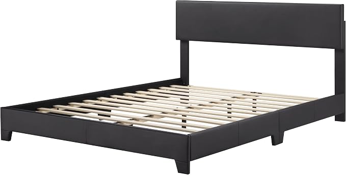 Allewie Queen Size Faux Leather Bed Frame, Adjustable Headboard, Black | Platform Bed with Heavy Duty Mattress Foundation, Noise-Free, Easy Assembly, Wood Slat Support, No Box Spring Needed