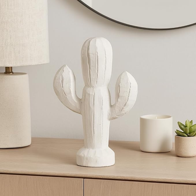 Wooden Cactus Statue – Room Decor Accent for Shelves and Tables, Indoor Home Decor for Living Room or Entryway, Modern Statue Silhouette for Sculptural Interest – 14", White