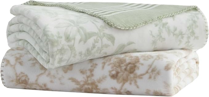 Laura Ashley - Reversible Throw Blanket, 50 x 70, Ultra Soft Plush Blanket for Blanket for Bed & Couch, Cozy Decorative Throw, Toile Delight Green