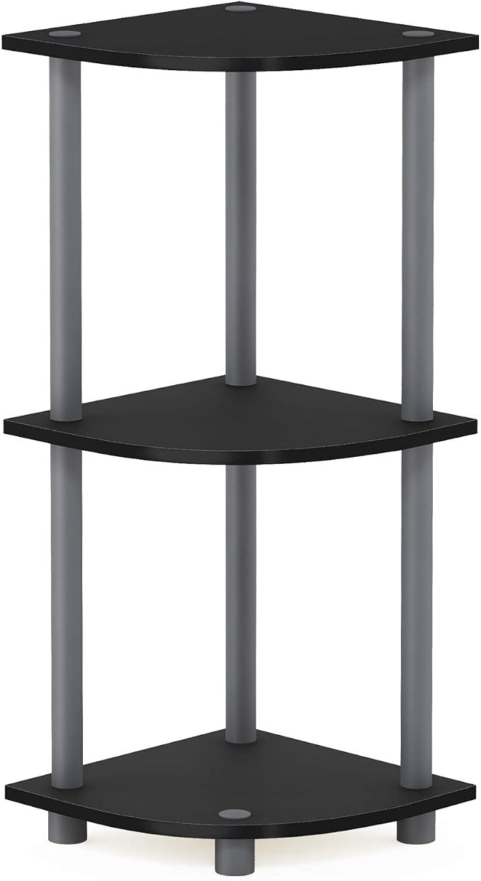 Furinno TURN-N-TUBE Corner Shelf, 3-Tier Corner Bookshelf, Display Storage Shelves with Open Shelves, for Organization and Storage, Living Room, Home Office, Garage, Black