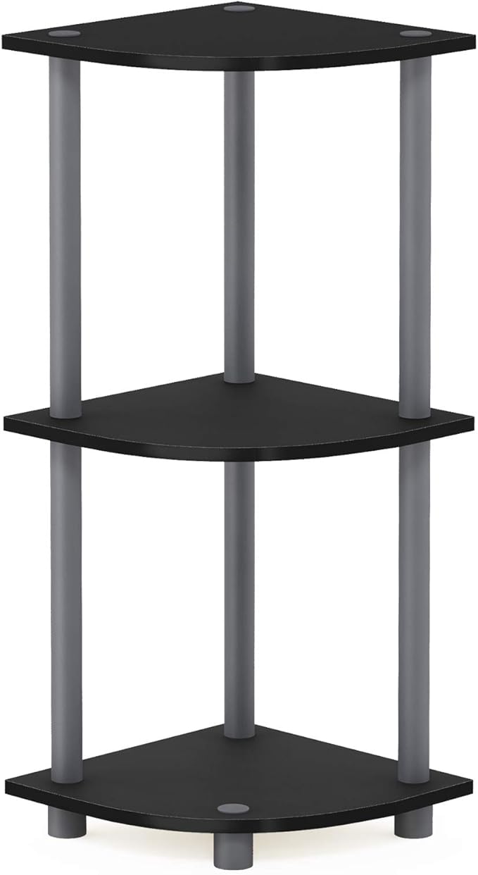 Furinno Turn-N-Tube Toolless Assembly 3-Tier Corner Shelf, Black Corner Book Shelf, Open Shelves Bookshelf, for Organization and Storage, Living Room, Home Office, Bedroom, Classic Black