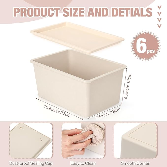 Menkxi 6 Pcs Storage Bins with Lids Small Plastic Storage Containers Stackable Storing Baskets Box Cute Organizer Bins for Organizing Shelves (Beige)