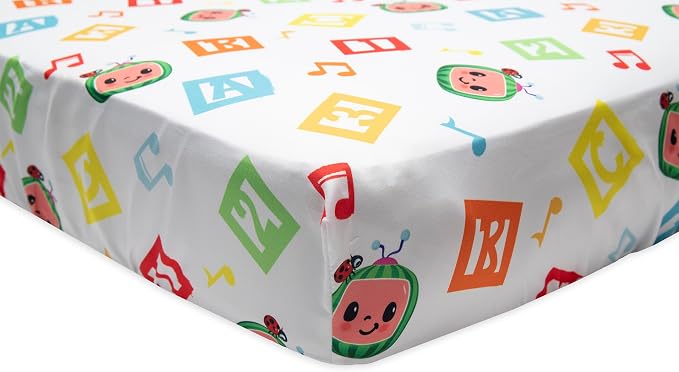 CoComelon Learning is Fun 4 Piece Toddler Bedding Set – Includes Comforter, Sheet Set – Fitted + Top Sheet + Reversible Pillowcase for Boys and Girls Bed, Letters and Music Design, Orange