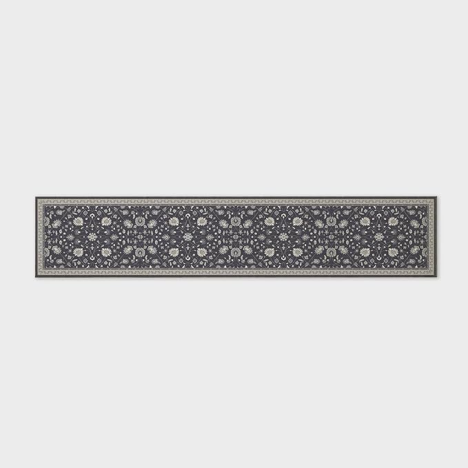EVERGRACE Hallyway Area Runner Rugs 2x10, Boho Floral Faux Wool Indoor Outdoor Rugs, Washable Rugs for Bedroom Dining Room Living Room Kitchen, Low Pile Floor Mat Carpet for Home Decor, Ebony Black