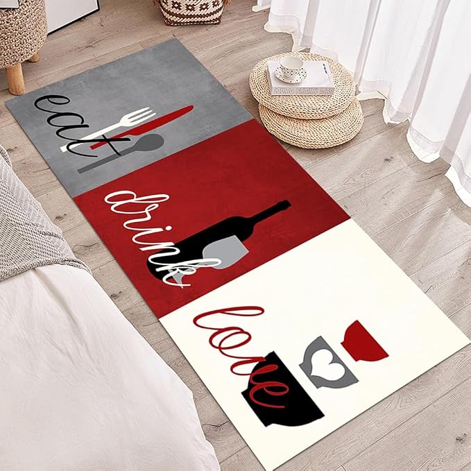 GUBIYU Red Gray Long Kitchen Dining Room Runner Non Skid Washable Eat Drink Love Area Rugs Motto Design Rustic Non Slip Bathroom 23.6"x59"