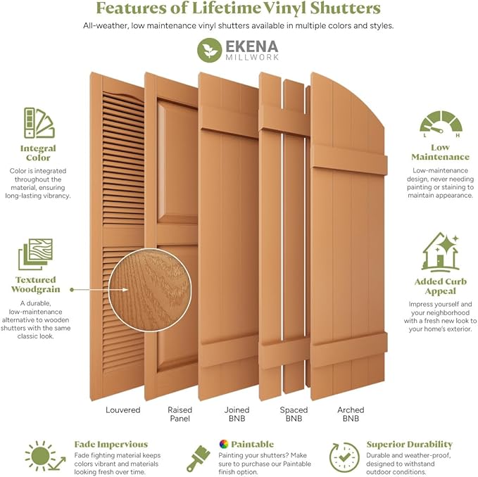14 1/2"W x 60"H Lifetime Vinyl, Standard Cathedral Top Center Mullion, Open Louver Shutters, w/Installation Shutter-Lok's & Matching Screws (Per Pair), Platinum
