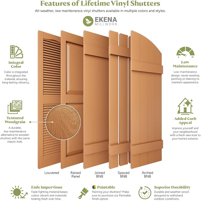 Ekena Millwork Lifetime Vinyl LL1S14X07200MS Standard Cathedral Top Center Mullion, Open Louver Vinyl Shutters, w/Installation Shutter-Lok's & Matching Screws (Per Pair), 14 1/2"W x 72"H, Musket Brown