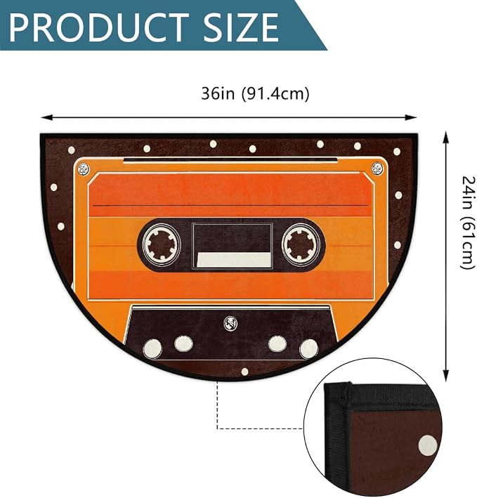 Cassette Half Round Door Mat Semi Circle Rug Half Moon Doormat | Soft Washable Retro Orange Welcome Entrance Mat for Outdoor Indoor Floor Bedroom Bathroom Home Kitchen Festival Decor