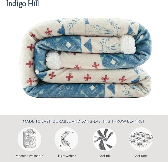 Indigo Hill by HiEnd Accents Patchwork Paisley 54x68 Throw Blanket | Bandana, Longhorn, and Horseshoe Print, Western-Style Soft Sherpa Plush Fleece Blanket for the Couch, Sofa, or Bed