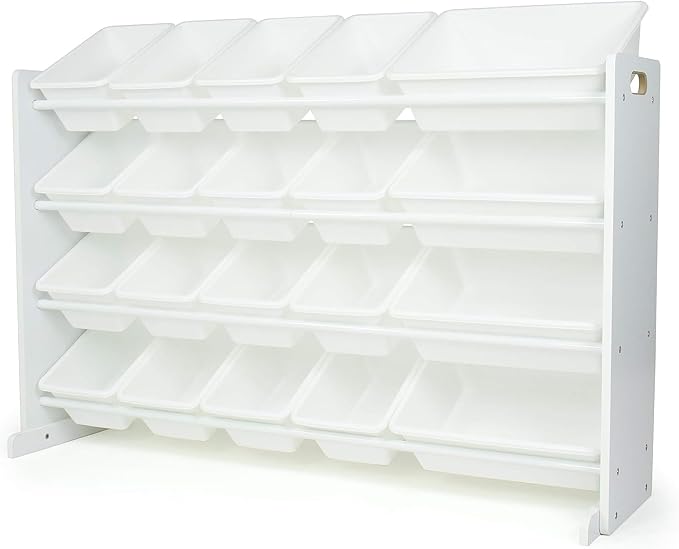 Humble Crew Kids Toy Organizer with 20 Bins, 4 Tier Storage for Playroom | Sturdy wood and steel toddler shelf, removable BPA-free containers, wall anchor anti-tip safety kit for bedroom or classroom