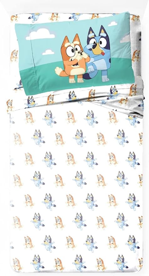 Jay Franco Kids Sheet Set with Fitted, Flat Sheets & Pillow Cover - Ultra-Soft Bedding with Pillowcase for Room Decor, White - Bluey, 3 Piece Twin
