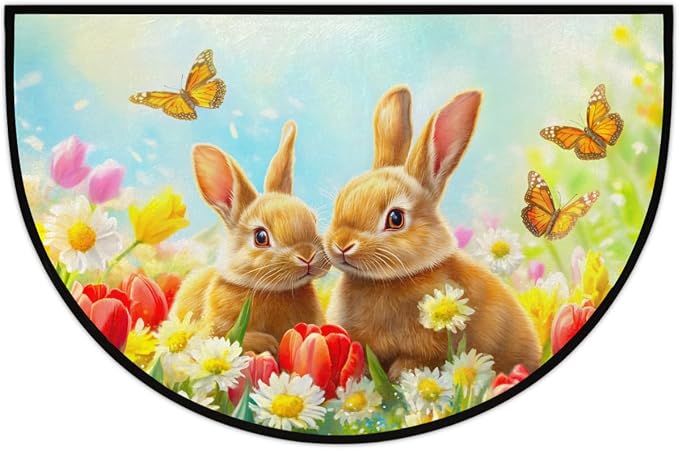 cfpolar Spring Easter Bunny Flower Half Round Door Mat Indoor Entrance Half Circle Area Rug Semi Circular Door Mat Half Moon Rug for Floor Bathroom Living Room Bedroom Kitchen Fireplace 24"x36",A-06