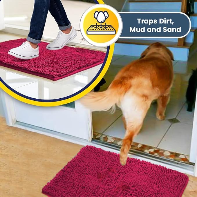Muddy Mat® | Super Water Absorbent Door Mat Indoor, Microfiber Quick Dry Chenille Entryway Rug, Slip Resistant Front Door Mat, Indoor Mats for Entryway, Machine Washable Pet Rug, Hot Pink 16" x 24"