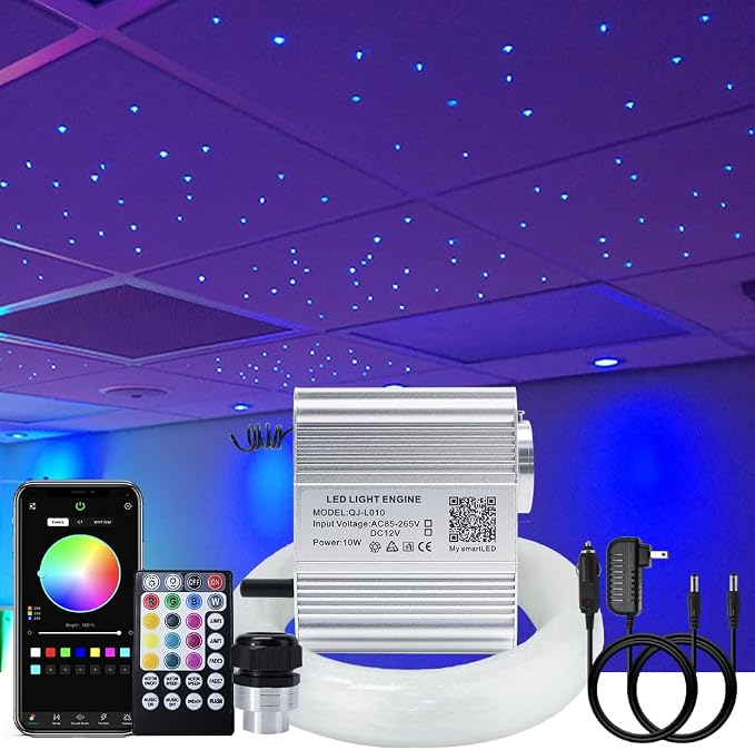 AKEPO Fiber Optic Lights kit Twinkle+ APP Control + Music Effect for Star Ceiling Sky Light Car Home Use, RGBW Light Engine+Optical Fiber Cable 375pcs of 9.8ft/3m(0.03+0.04+0.06in)+28key Remote