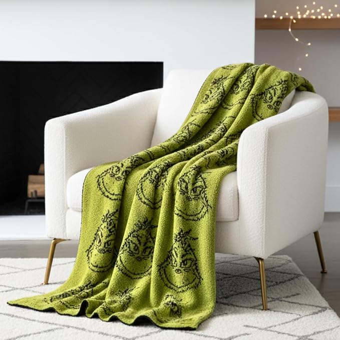 Dr. Seuss Grinch Holiday & Christmas Bedding Soft Cozy Chic Dreams Feather Knit Intarsia Throw Blanket, 50 in x 60 in, (Officially Licensed Product) by Franco Collectibles