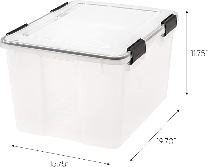 IRIS USA 46 Quart WEATHERPRO Plastic Storage Box with Durable Lid and Seal and Secure Latching Buckles, Clear with Black Buckles, 1 Pack