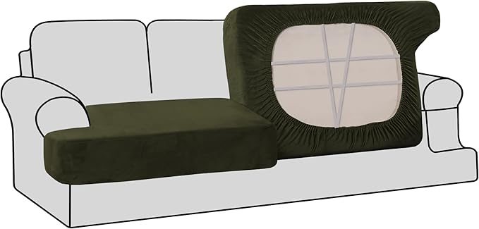 H.VERSAILTEX Stretch Velvet 2 Piece T Cushion Sofa Slipcovers for Living Room Individually Sofa Covers for 2 Cushion Seat Cushion Covers (Sofa, Olive)