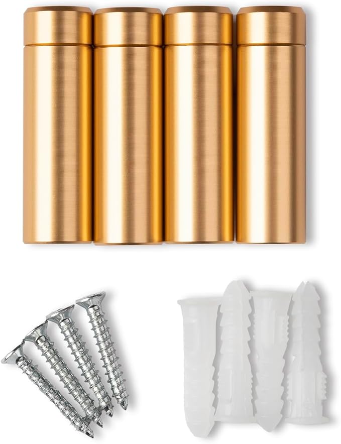 1.5" Gold Stainless Steel Mounting Hardware for Acrylic Floating Frames (Pack of 4) | 1.5" Gold Designer Grade Powder-Coated Aluminum Standoffs for Floating Frames, Corrosion-Resistant, with Screws & Anchors