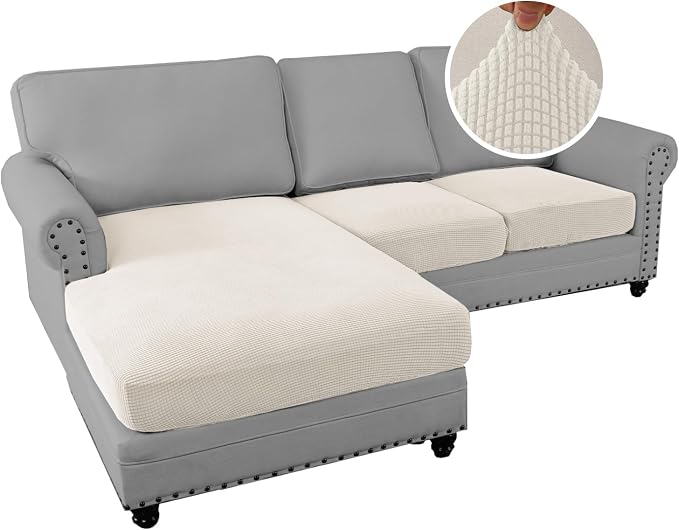 H.VERSAILTEX Sectional Couch Covers 3 Pieces Sofa Seat Cushion Covers L Shape Separate Cushion Couch Chaise Cover for Both Left/Right Sectional Couch (Seat Only: 1 Chaise + 2 Sofa, Ivory)