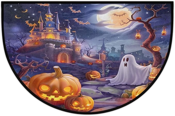 cfpolar Half Round Door Mat Halloween Pumpkin bat Ghosts Non-Slip Semi Circle Area Rug Washable Half Moon Hearth Rugs for Indoor Outdoor Bathroom Kitchen Patio Runner Mat Laundry Room Home Decoration
