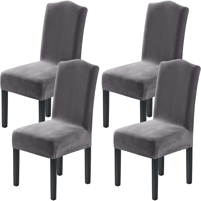 H.VERSAILTEX Velvet Dining Chair Covers Stretch Chair Covers for Dining Room Set of 4 Parson Chair Slipcovers Chair Protectors Covers Dining, Soft Thick Solid Velvet Fabric Washable, Grey