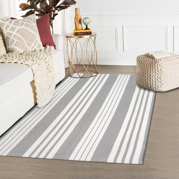 OJIA Entryway Rug 3'x5' Outdoor Rugs Front Door Mat Outside Entrance Decor | Cotton Woven Front Door Mat Outdoor Doormat Machine Washable Grey & White Striped Entry Porch Rugs for Farmhouse/Home Decor