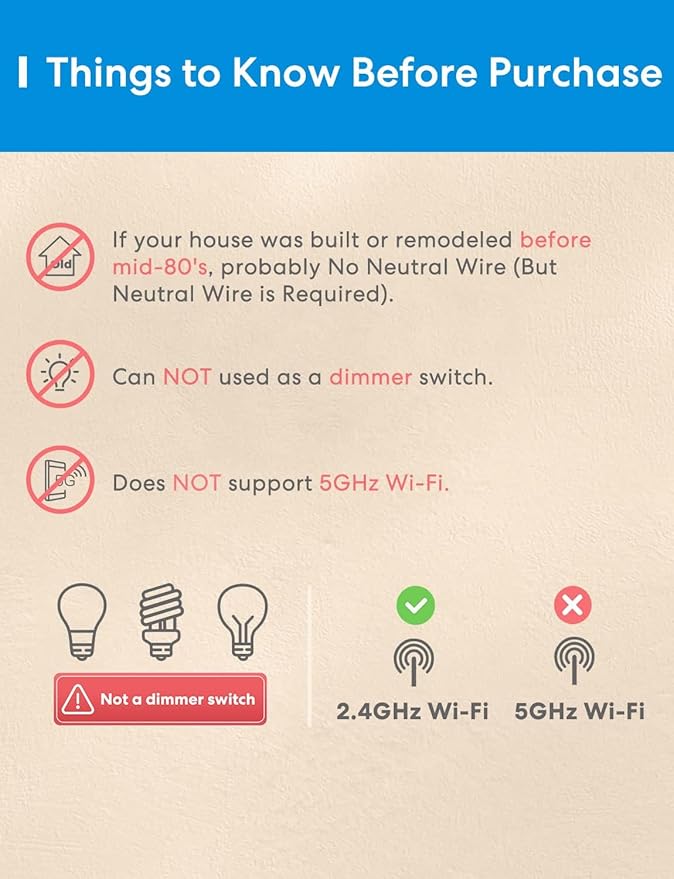 meross 3-Way Smart Switch 1 Pack, Neutral Wire Required, Compatible with Apple HomeKit, Alexa, Hey Google and SmartThings, Single Pole & 3 Way, 2.4GHz Wi-Fi, Remote and Voice Control, No Hub Required
