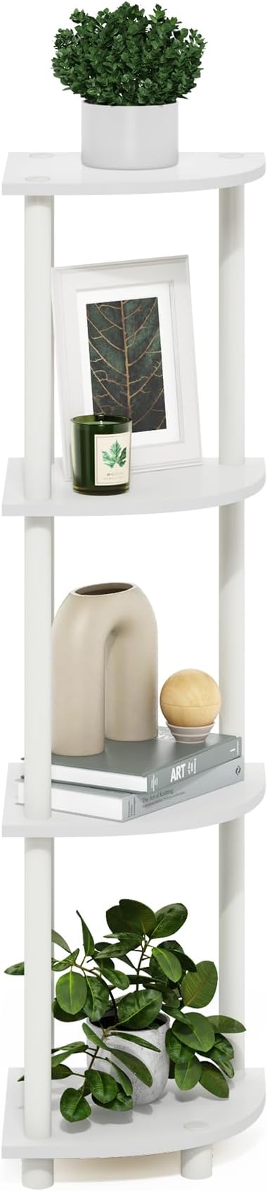 Furinno Turn-N-Tube Toolless Assembly 4-Tier Corner Shelf, White Corner Book Shelf, Open Shelves Bookshelf, for Organization and Storage, Living Room, Home Office, Bedroom, Plain White