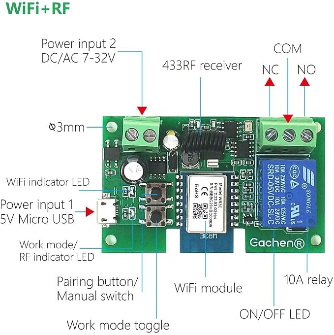 WiFi Inching/Selflocking Relay Modules WiFi Momentary Switch with 433 MHz RF Remote Control(Tuya SmartLife APP)