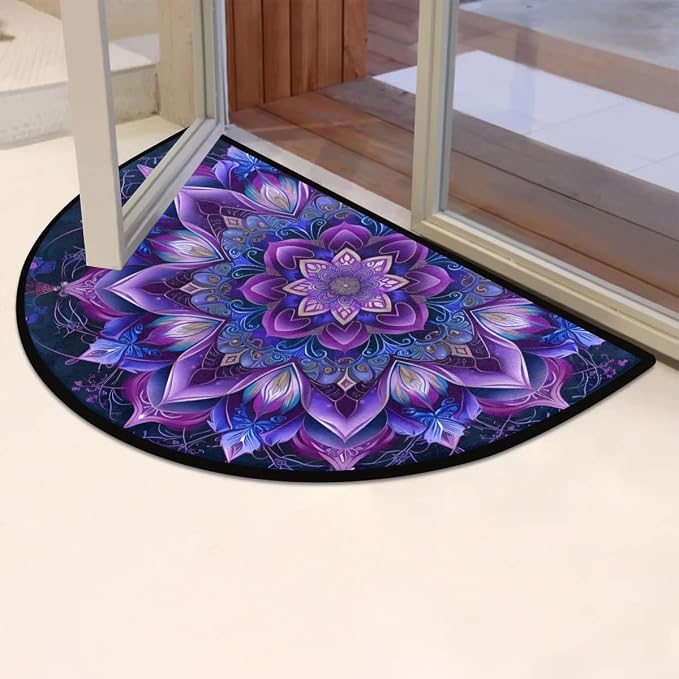 Mandala Purple Half Round Door Mat Semi Moon Rug Fireplace Carpet Area Rugs | Mandala Purple Non Slip Absorbent Half Circle Mat Carpet for Indoor Outdoor Patio Kitchen Bathroom Entryway Home Decor