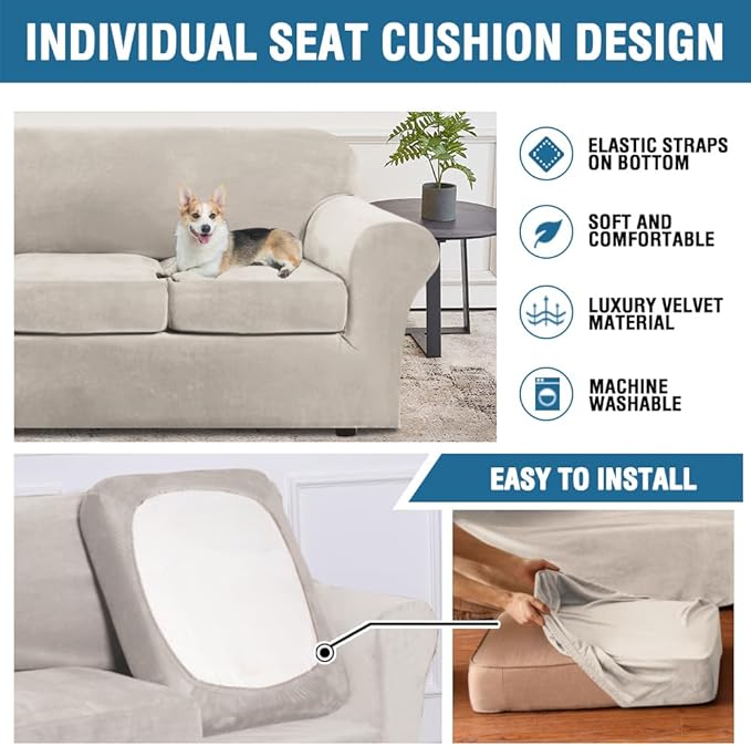 H.VERSAILTEX Rich Velvet Stretch 2 Piece Cover Chair Slipcover Sofa Cover Furniture Protector Couch Soft with Elastic Bottom Chair Couch Cover Width Up to 49 Inch (Chair, French Oak)