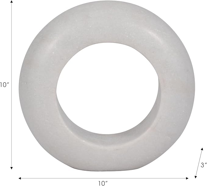 Ring Stone Marble Wood Sculpture – Room Decor Accent Sculpture, Tabletop Interior Decorative Object for Living Room or Office – Modern Circular Design, Outdoor Home Decor – 10", White