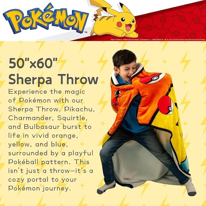 Pokemon Anime Kids Bedding Soft Plush Sherpa Blanket Throw, 50 in x 60 in, (Officially Licensed Product) by Franco