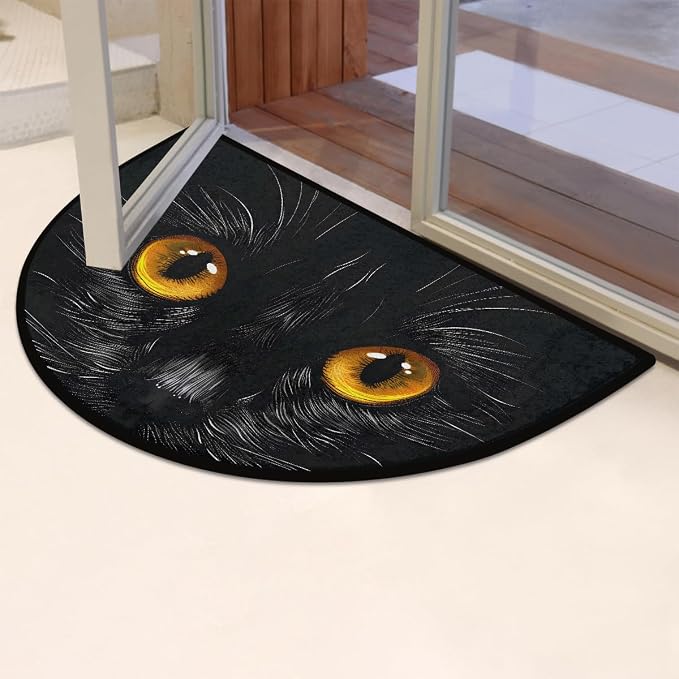 Black Cat Half Round Door Mat Non Slip Half Circle Rugs | Cat Eyes Black Washable Half Moon Rug Semi Circle Rugs Indoor Entrance Floor Carpet for Kithen Bedroom Fireplace Decor