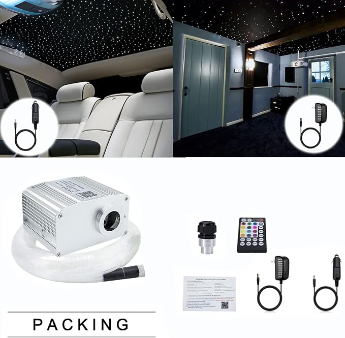 AZIMOM Bluetooth Control 10W Twinkle Fiber Optic Star Lights Ceiling Light Kits with 450pcs*0.03in*9.8ft Strands Sound Activated RGBW APP/ Remote Light Engine for Indoor Car Home Interior Decoration