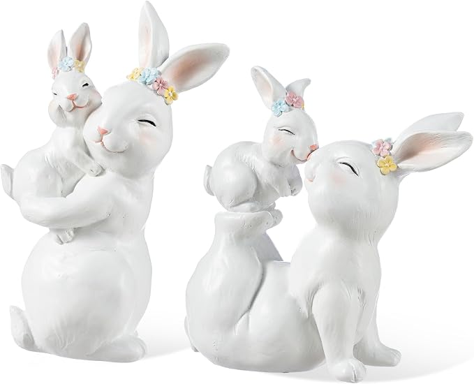 Glitzhome Easter Decorations Bunny Figurine, Set of 2 Resin Mother and Baby Rabbit Tabletop Centerpiece for Spring Home Indoor & Outdoor Decor
