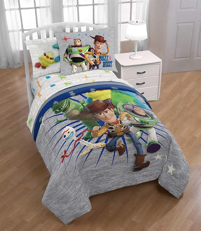 Jay Franco Disney Pixar Story 4 All The Toys Full Bed Set, Blue | Woody Buzz Jessie, Comforter Sheets Shams Pillowcases, Official Brand, Soft Microfiber, Machine Washable, Kids Gift